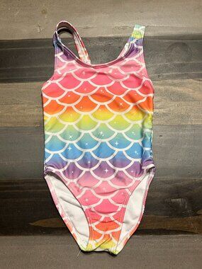 Girls Rainbow Mermaid Swimsuit Size 3T Scallop One Piece EUC